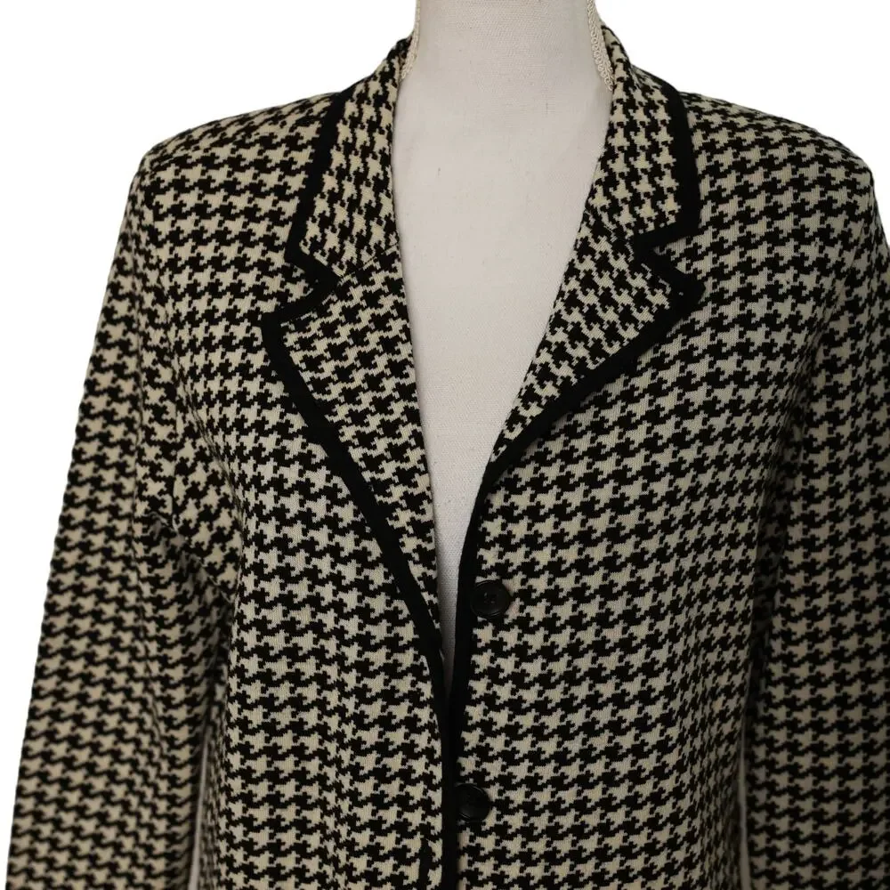 Kate Hill Italian Merino Wool black ivory cream Houndstooth‎ stretchy blazer med